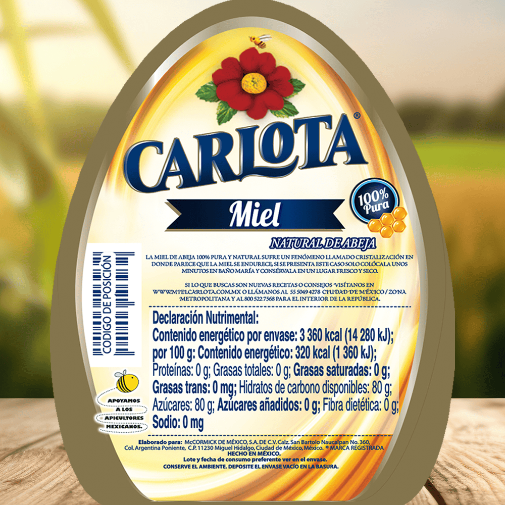 miel carlota información nutrimental tarro de vidrio de 1.05 kg