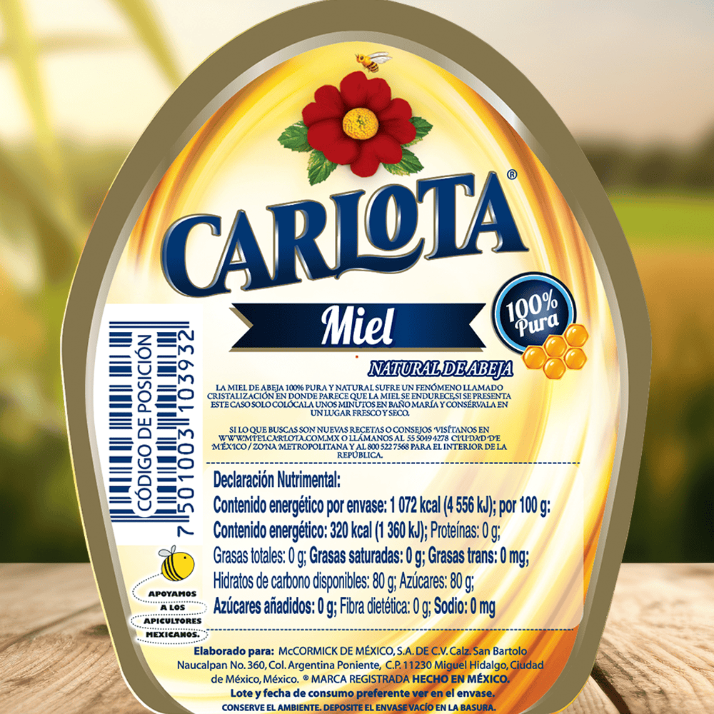 Miel Carlota Información Nutrimental Envase de PET de 335 gramos
