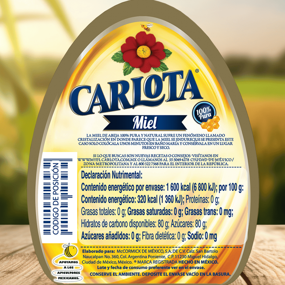miel carlota información nutrimental tarro de vidrio de 500 gramos